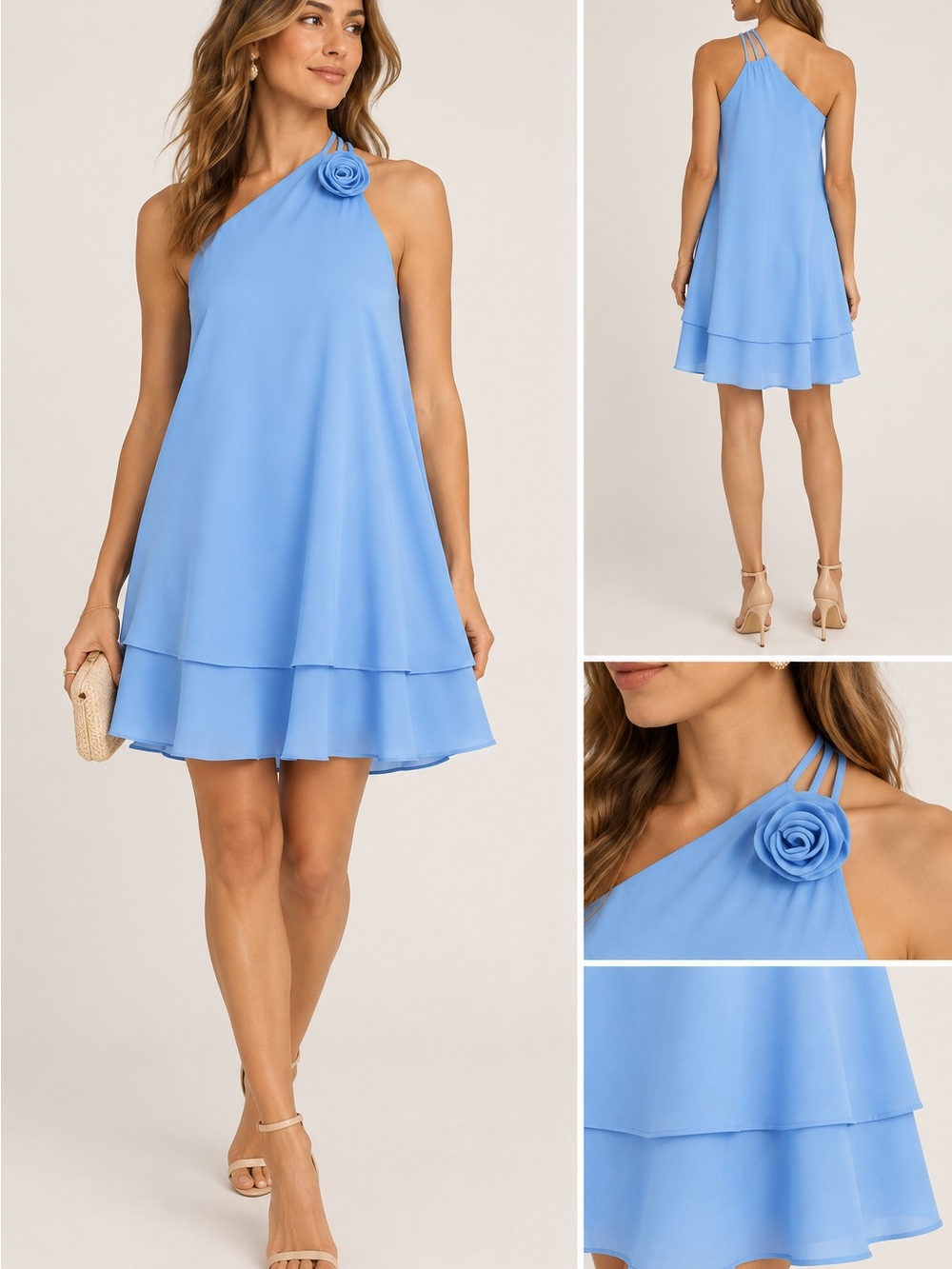 Abercrombie & Fitch Sky Blue One-Shoulder Rosette Tiered Mini Dress